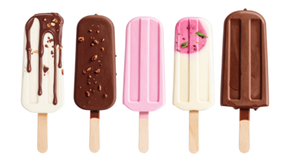Variety of ice cream products chocolate bar vanilla soft serve pink ice cream bar on a transparent background