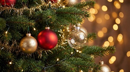 Close-Up of Christmas Ornaments on Festive Tree