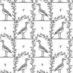 Vector seamless pattern with hand drawn cute Thick Knee birds in floral arches. Ink drawing, beautiful animal design elements. Perfect for prints and patterns