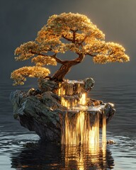Golden foliage bonsai tree on rock island with glowing liquid flowing like waterfalls