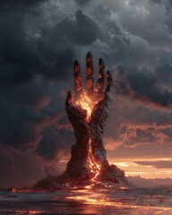 Colossal rock hand erupts with molten lava beneath a dramatic stormy twilight sky