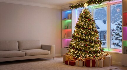 Neon Christmas Tree in Cozy Living Room with Snowy Window