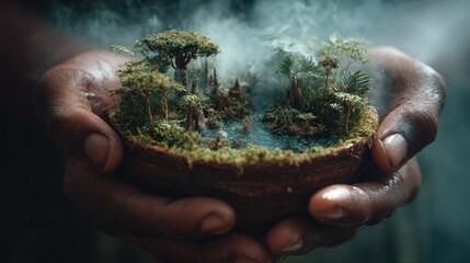 Hands cradling miniature mossy ecosystem containing trees small water channel and mist