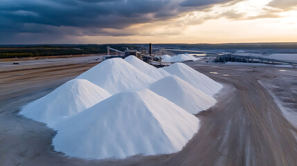 A landscape of large, white mounds under a cloudy sky. The mounds resemble snowy hills, possibly salt piles, creating a surreal contrast against the industrial backdrop.