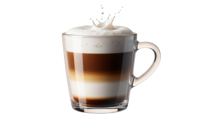 Layered coffee with a dynamic splash of frothy milk foam, in a clear mug, showcasing espresso and warm milk, isolated on transparent background