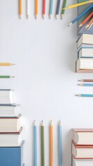 Books and Colored Pencils Frame on White Background