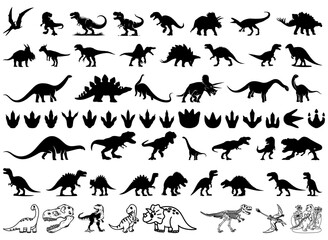 Big Dinosaur Silhouettes Collection with Footprints and Skeleton Outlines