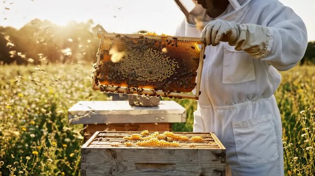 In a beautiful field under the golden sun, a beekeeper carefully inspects honey-filled frames. The bees buzz actively around, creating a lively atmosphere of nature's magic.
