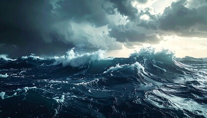 Dramatic ocean waves crash under a stormy sky, sunlight breaking through dark clouds