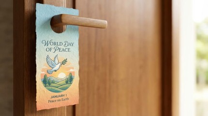 a gradient door hanger design for world day of peace showcases a dove with an olive branch over a serene landscape on a paper-like textured backdrop