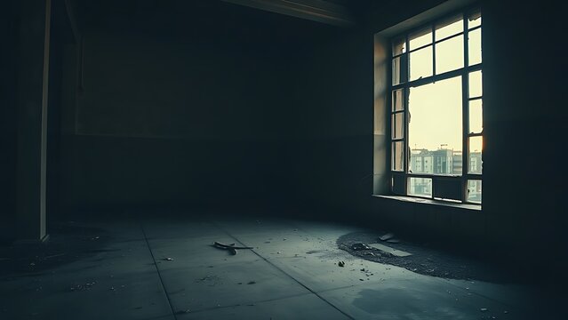 oligarchy. Urban ruin at dusk with soft light through a broken window onto a dusty floor. real-estate listings.