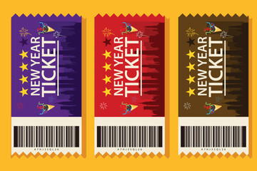 Colorful New Year event tickets featuring building silhouettes, barcode details, and clean modern layout. Ideal for parties, concerts, celebrations, festivals, and promotional event passes in a vibran
