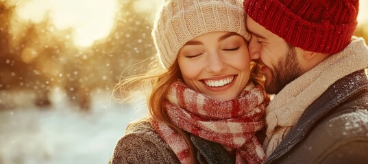 Couple Embracing on Snowy Streets During Romantic Winter Vacation, Wearing Warm Woolen Garments