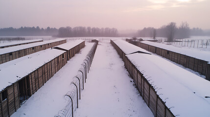 A chilling landscape of stark structures under a blanket of snow, with barbed wire creating a somber atmosphere, evoking thoughts of isolation and confinement in the pale light.