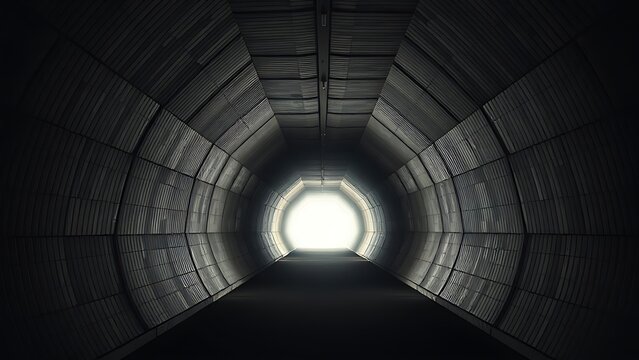 capitulating. Architectural tunnel with converging lines and fading natural light, perspective receding into darkness. real-estate listings.