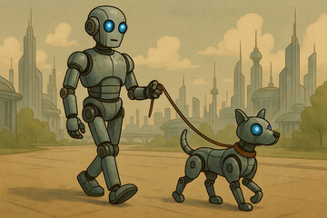 A Robot walking with a robotic dog