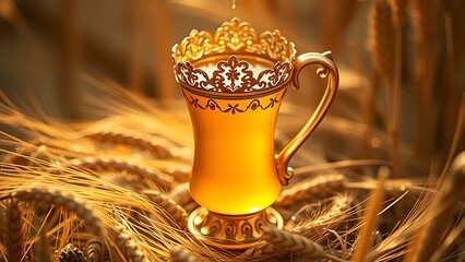 flagon. Honey-colored liquid in an ornate flagon surrounded by wheat stalks. bar promotions, beverage menus, designed for food & beverage menus and cafe branding, enhances appetite appeal.