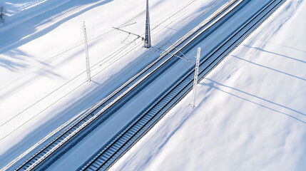 Snowy tracks cut a crisp line through a winter landscape, power lines stand tall amidst the white expanse and shadows add depth to the serene and expansive scene.