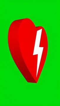 Rotating 3D Defibrillator Heart Symbol on Green Screen Background.