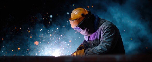 Worker welding a robust metal structure in protective gear with bright sparks illuminating the scene