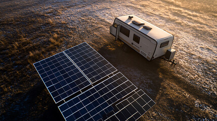 Aerial view of a travel trailer with attached solar panels in a field, embracing sustainable travel and eco-friendly camping with a touch of the outdoors and green energy.