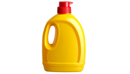 yellow plastic detergent bottle with red cap isolated on transparent background, perfect for showcasing cleaning products