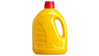 yellow plastic detergent bottle with red cap isolated on transparent background, perfect for showcasing cleaning products