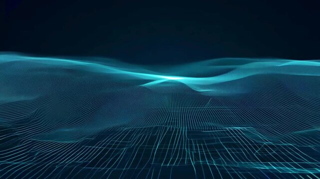 Abstract visualization of a futuristic, undulating digital terrain or soundwave, rendered as a glowing cyan wireframe grid against a dark background. Concept of data, AI, and network.