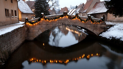 Winter's glow: A stone bridge adorned with festive lights reflects warmly in the dark water below. Snow lightly dusts the scene in a charming, old town setting.