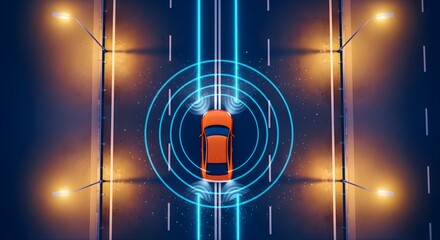 Top down view of an orange car driving on a smart road with glowing lanes and sensors
