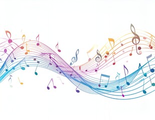 Colorful musical notes and staff creating a vibrant, flowing wave on a white background, symbolizing harmony and creativity.