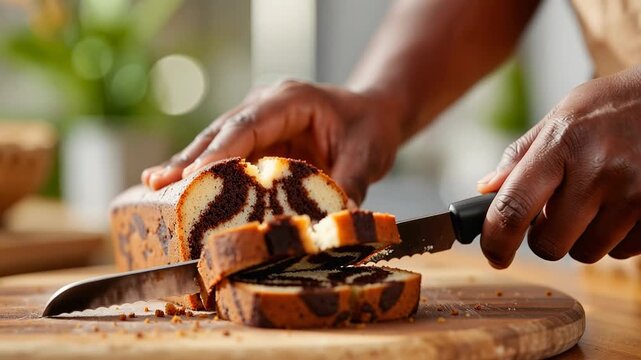 a person carefully cuts a freshly baked marble cake with a serrated knife on a wooden board, revealing its swirled chocolate pattern