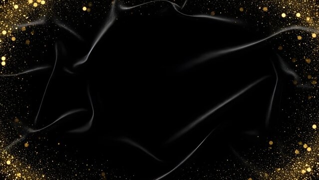 Luxury dark black velvet background with gold dust border and copy space