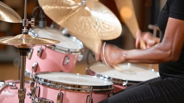 a musician performs on a pink drum set, striking cymbals and drums with sticks during an energetic practice or recording session