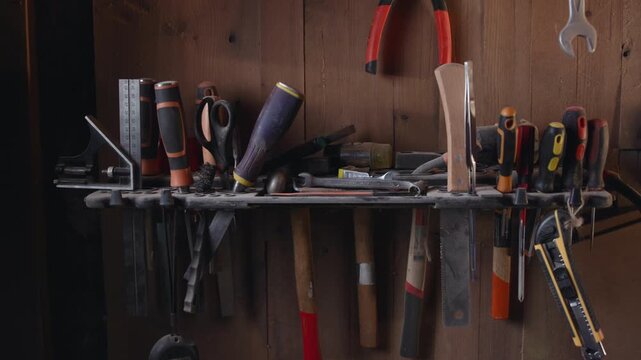 Organized Repair Tools, Hand Tools Systematically Organized For Crafts And Repairs On Workbench . Media