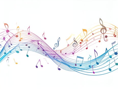 Colorful musical notes and staff creating a vibrant, flowing wave on a white background, symbolizing harmony and creativity.
