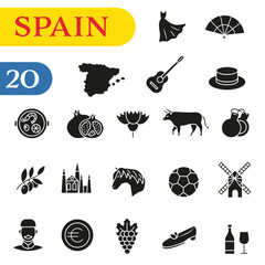 A set of stylish Doodle icons dedicated to Spain, covering culture, architecture, and cuisine.
