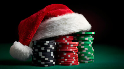 Santa's luck in the game. The vibrant stacks, with the traditional red and white hat, evokes a festive spirit in the casino. Bet on holiday cheer, play responsibly!