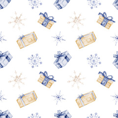 Watercolor Christmas Gift Pattern: Frosty Blue and Beige Presents with Snowflakes, Bows, and Ice Crystals, Vintage Pastel Holiday Illustration