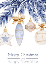 Merry Christmas Watercolor Postcard: Pastel Beige Illustration of Winter Toys, Tree, and Gifts for a Festive Vintage Holiday Greeting