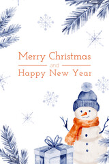 Snowman Merry Christmas Watercolor Card: Elegant Pastel Blue and Beige Winter Scene with Holiday Decorations and Creative Seasonal Design