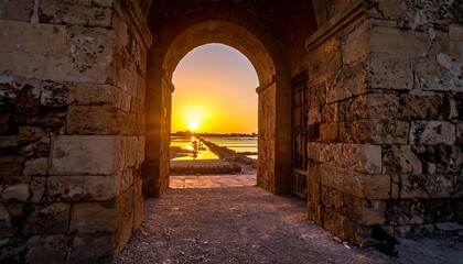 Stone archway framing a radiant sunset over a coastal landscape with shallow water and a distant structure