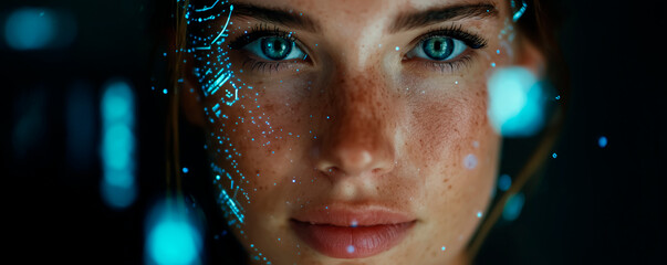 portrait of a woman with virtual reality projections of digital icons around her face