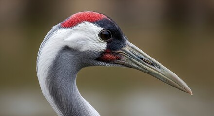 Naklejka premium Close up of a majestic crane bird head with red crown and white neck.
