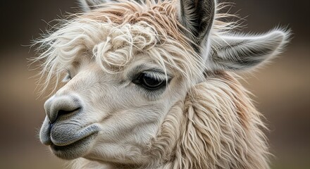 Naklejka premium Close up portrait of a fluffy white alpaca with a shaggy mane and curious eyes.
