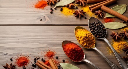 Vibrant array of ground and whole spices like turmeric, star anise, and peppercorns, arranged on dark wood.