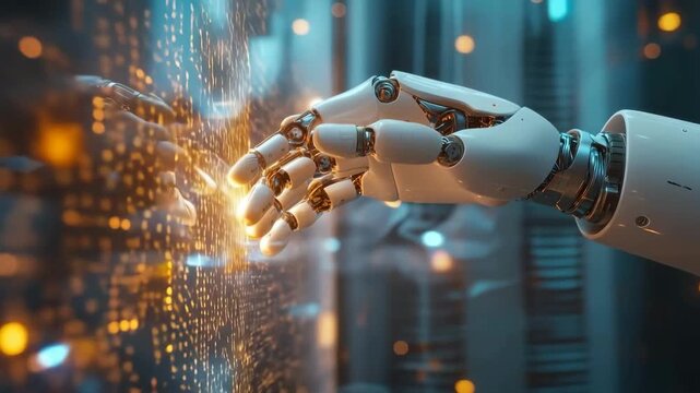 Robotic Hand Touching Digital Interface: A close-up shot of a robotic hand interacting with a glowing digital interface, representing the cutting edge of technology and artificial intelligence. 