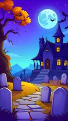 Cartoon Haunted House and Graveyard at Night