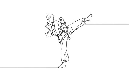 An athlete practices martial arts kick in a continuous line art style.