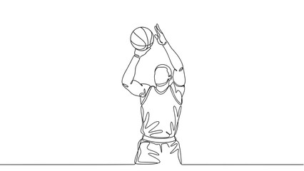 A single line illustration captures a basketball player in action, focused on shooting the ball. 
